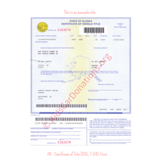 Alaska Certificate of Title (835, 7-04): Front | Kids Car Donations